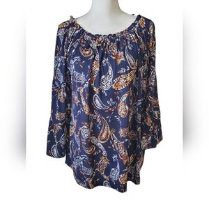 Dear Scarlett Nashville Navy  Orange Paisley Top Long  Sleeve Smock Neck Size M